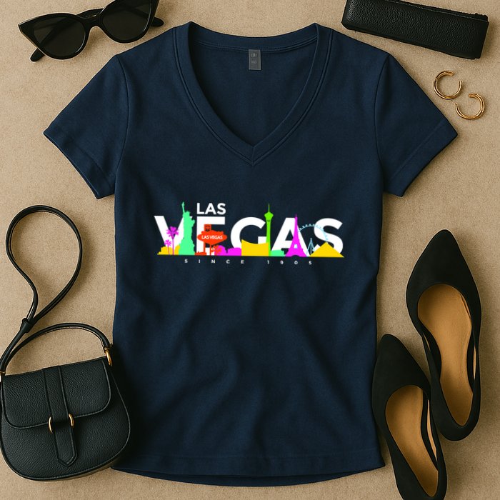 Las Vegas Colorful Skyline Women's V-Neck T-Shirt