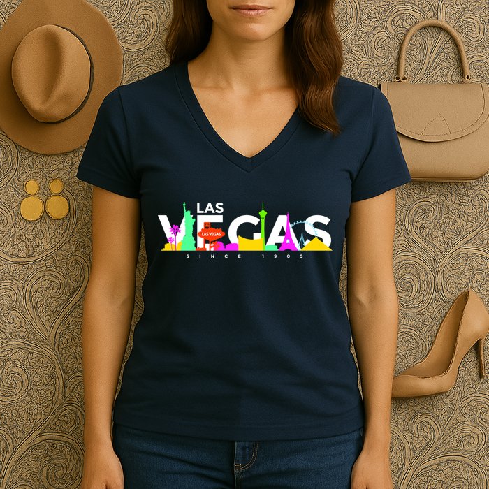 Las Vegas Colorful Skyline Women's V-Neck T-Shirt