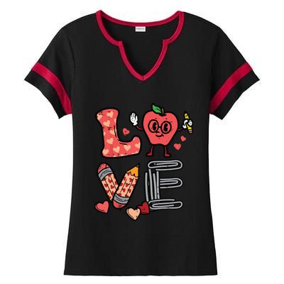 Love Valentines Day Apple Retro School Prek Teacher Ladies Halftime Notch Neck Tee