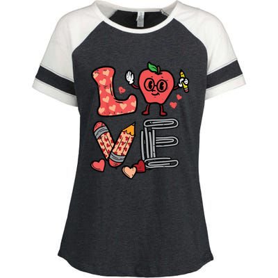 Love Valentines Day Apple Retro School Prek Teacher Enza Ladies Jersey Colorblock Tee