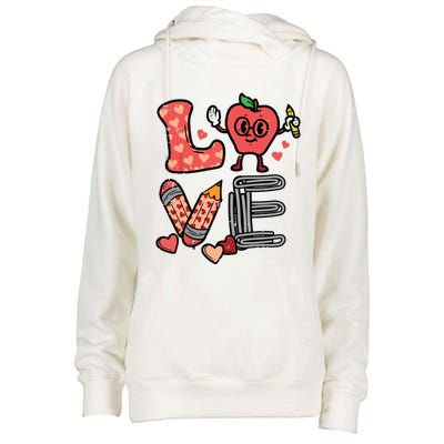 Love Valentines Day Apple Retro School Prek Teacher Womens Funnel Neck Pullover Hood