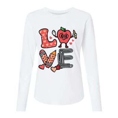 Love Valentines Day Apple Retro School Prek Teacher Womens Cotton Relaxed Long Sleeve T-Shirt