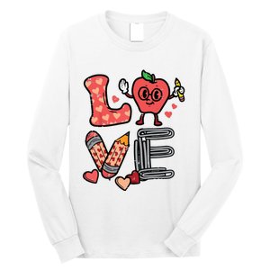 Love Valentines Day Apple Retro School Prek Teacher Long Sleeve Shirt