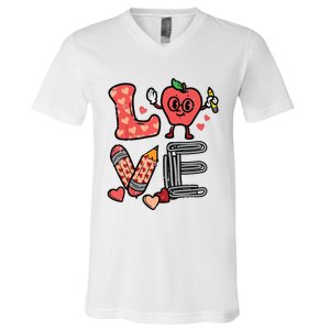 Love Valentines Day Apple Retro School Prek Teacher V-Neck T-Shirt