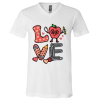 Love Valentines Day Apple Retro School Prek Teacher V-Neck T-Shirt