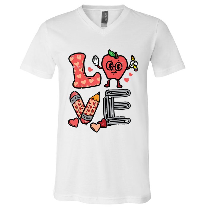 Love Valentines Day Apple Retro School Prek Teacher V-Neck T-Shirt