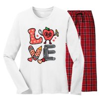 Love Valentines Day Apple Retro School Prek Teacher Women's Long Sleeve Flannel Pajama Set 