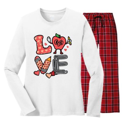 Love Valentines Day Apple Retro School Prek Teacher Women's Long Sleeve Flannel Pajama Set 