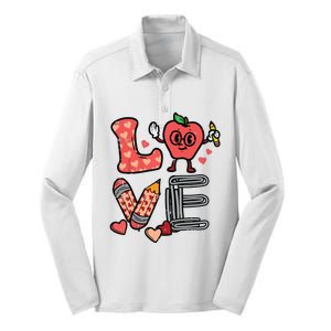 Love Valentines Day Apple Retro School Prek Teacher Silk Touch Performance Long Sleeve Polo