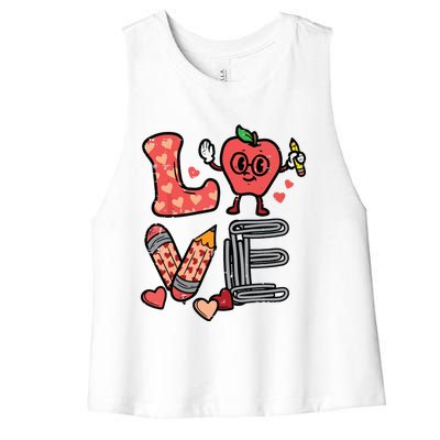 Love Valentines Day Apple Retro School Prek Teacher Women's Racerback Cropped Tank