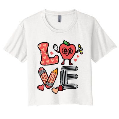 Love Valentines Day Apple Retro School Prek Teacher Women's Crop Top Tee