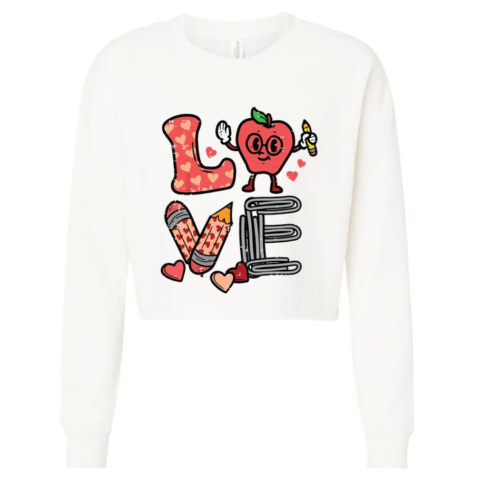 Love Valentines Day Apple Retro School Prek Teacher Cropped Pullover Crew