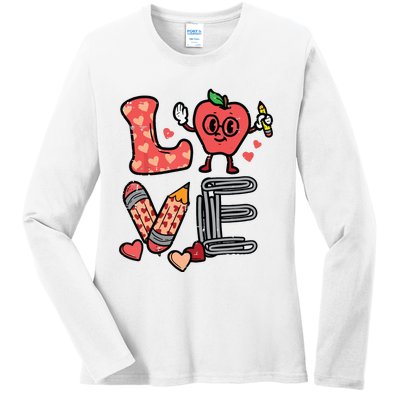 Love Valentines Day Apple Retro School Prek Teacher Ladies Long Sleeve Shirt