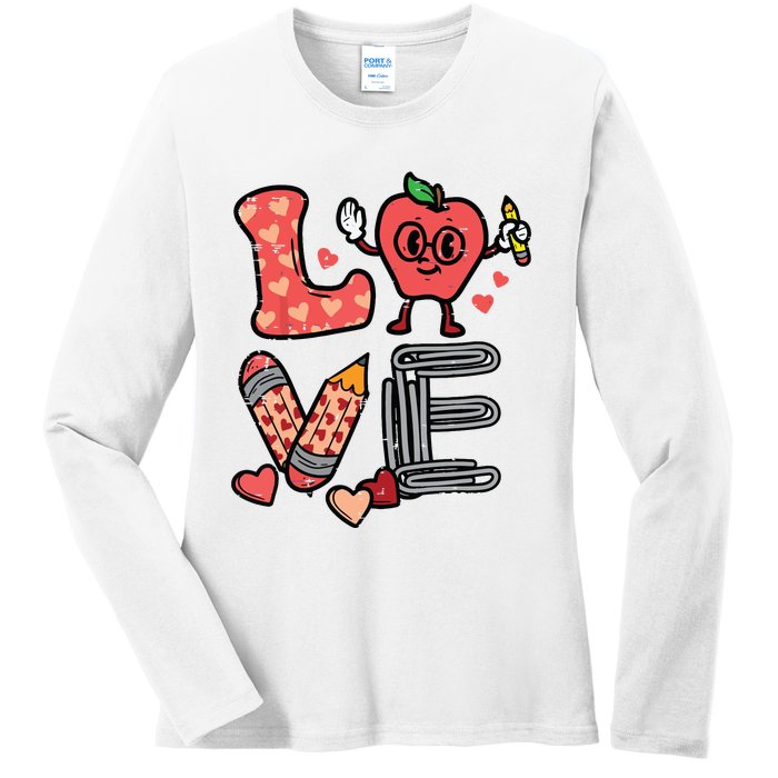 Love Valentines Day Apple Retro School Prek Teacher Ladies Long Sleeve Shirt