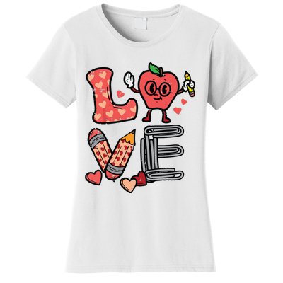 Love Valentines Day Apple Retro School Prek Teacher Women's T-Shirt