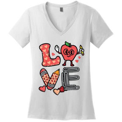 Love Valentines Day Apple Retro School Prek Teacher Women's V-Neck T-Shirt