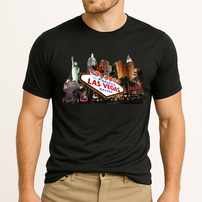 Las Vegas Famous Sign Strip Building Skyline Souvenir Cooling Performance Crew T-Shirt