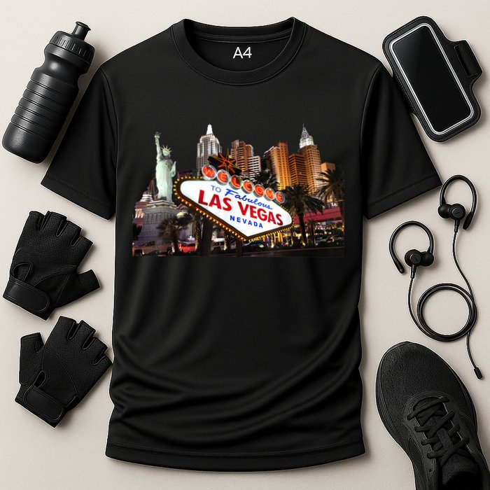 Las Vegas Famous Sign Strip Building Skyline Souvenir Cooling Performance Crew T-Shirt