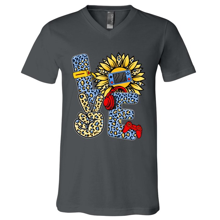 Love Video Game Gamer Leopard Sunflower Graphic Plus Size V-Neck T-Shirt