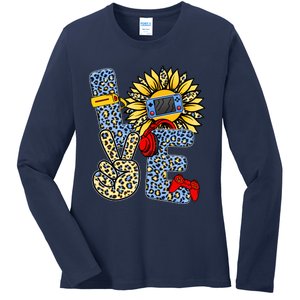 Love Video Game Gamer Leopard Sunflower Graphic Plus Size Ladies Long Sleeve Shirt