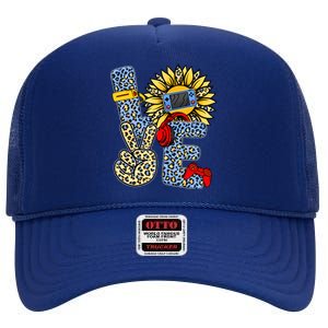 Love Video Game Gamer Leopard Sunflower Graphic Plus Size High Crown Mesh Back Trucker Hat