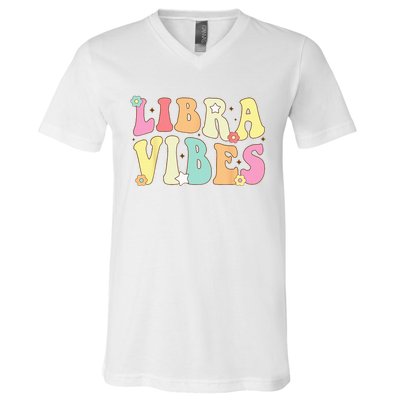 Libra Vibes Groovy Zodiac Birthday   V-Neck T-Shirt