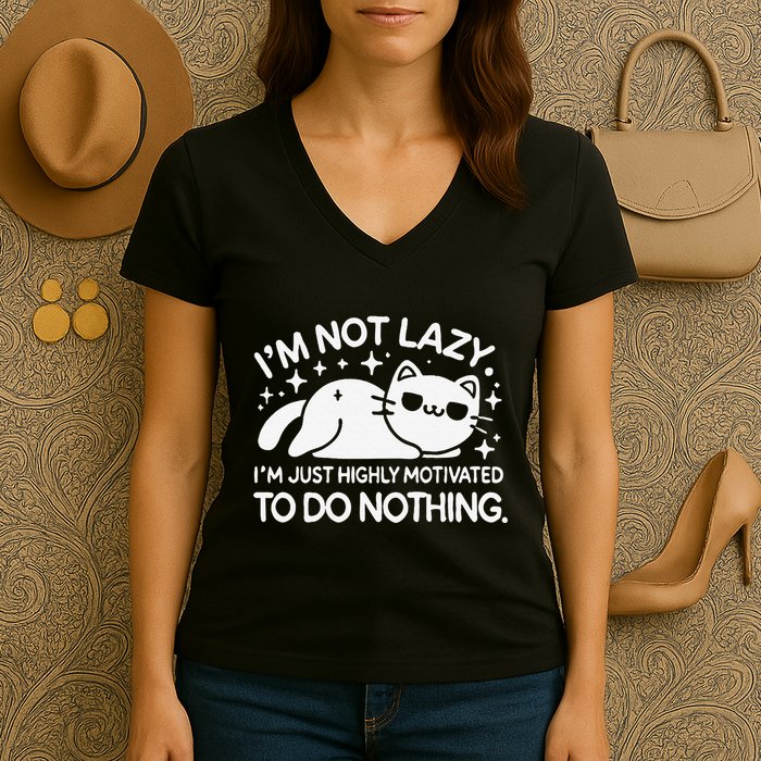 Lazy Vs I’M Just Highly Motivated To Do Nothing Funny Cat Women's V-Neck T-Shirt