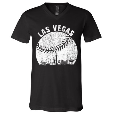 Las Vegas Skyline Baseball Fan Vintage Baseball Las Vegas V-Neck T-Shirt