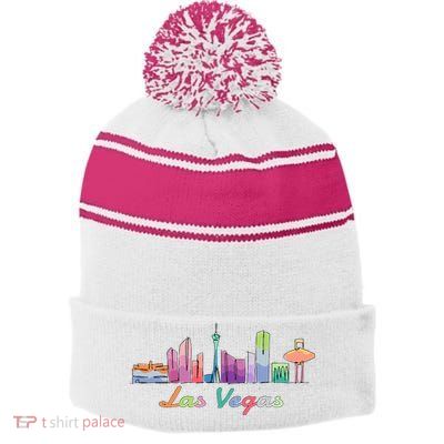 Las Vegas Skyline Aesthetic Design Classic Stripe Pom Pom Beanie