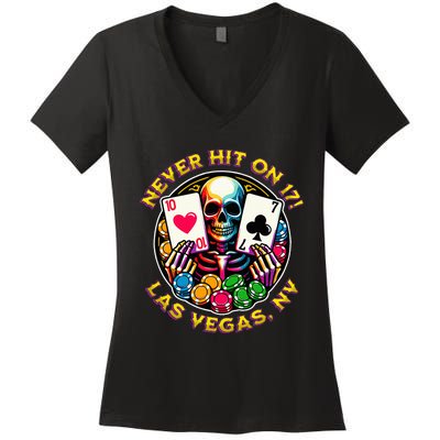 Las Vegas Trip Guys Girl Trip Black Jack Never Hit On 17 Women's V-Neck T-Shirt