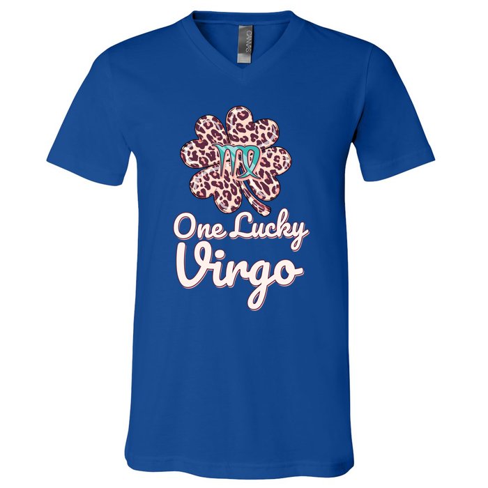 Lucky Virgo Zodiac Sign With Leopard Pattern Shamrock Gift V-Neck T-Shirt