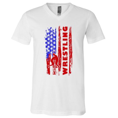 Love Wrestling American Flag Wrestling Coaches V-Neck T-Shirt