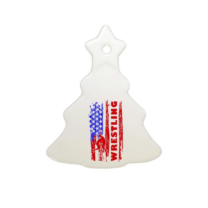 Love Wrestling American Flag Wrestling Coaches Ceramic Tree Ornament