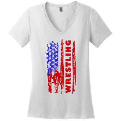 Love Wrestling American Flag Wrestling Coaches Women's V-Neck T-Shirt