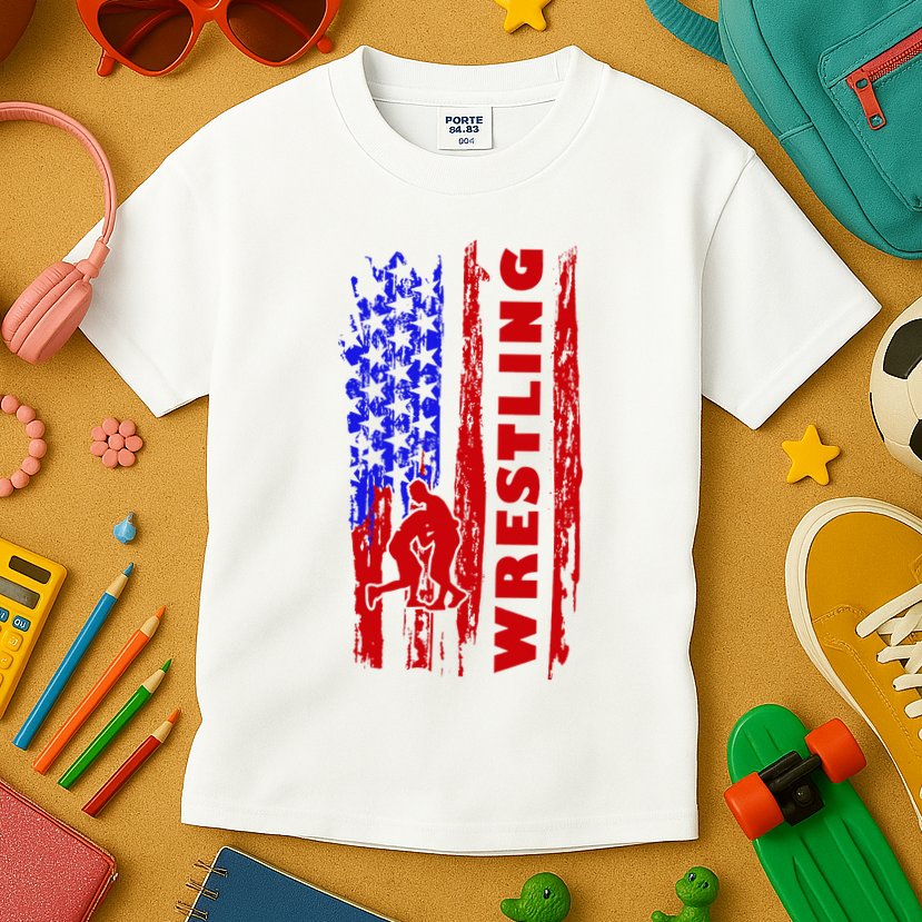 Love Wrestling American Flag Wrestling Coaches Kids T-Shirt