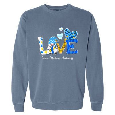 LOVE World Down Syndrome Day Awareness Leopard Gnome Ribbon Garment-Dyed Sweatshirt