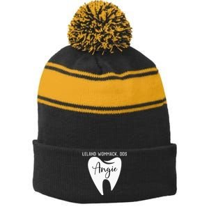 Leland Wommack Dds For Angie Funny Dentist Stripe Pom Pom Beanie