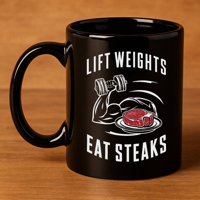 Lift Weights Eat Steaks 11oz C Handle Ceramic Mug