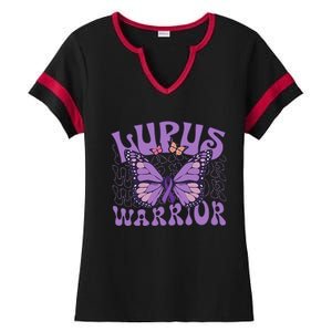 Lupus Warrior Fighter Purple Butterflies Support Flower Ladies Halftime Notch Neck Tee