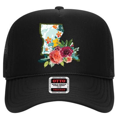 Louisiana Watercolor Flower High Crown Mesh Back Trucker Hat