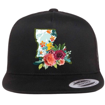 Louisiana Watercolor Flower Flat Bill Trucker Hat