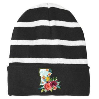 Louisiana Watercolor Flower Striped Beanie with Solid Band