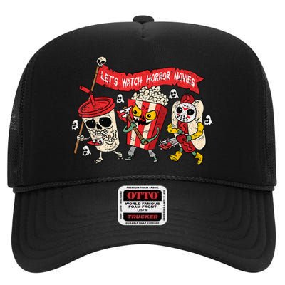 Lets Watch Horror Movies Halloween Funny Ghost Skeleton High Crown Mesh Back Trucker Hat