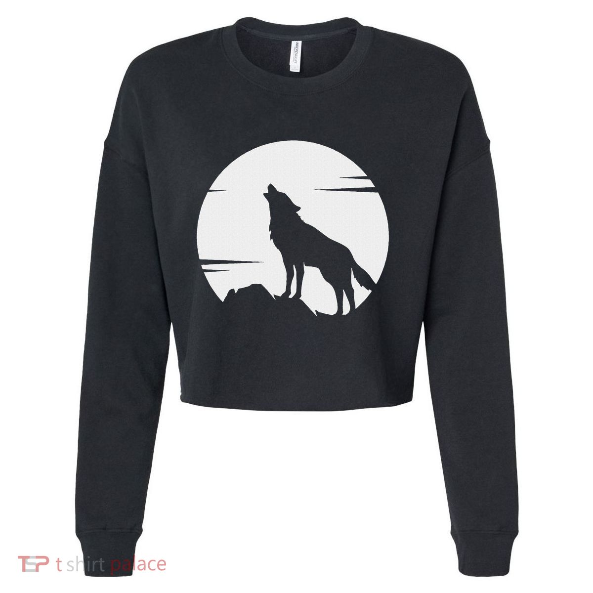 Lone Wolf Howling At The Moon Jackal Animal Cropped Pullover Crew
