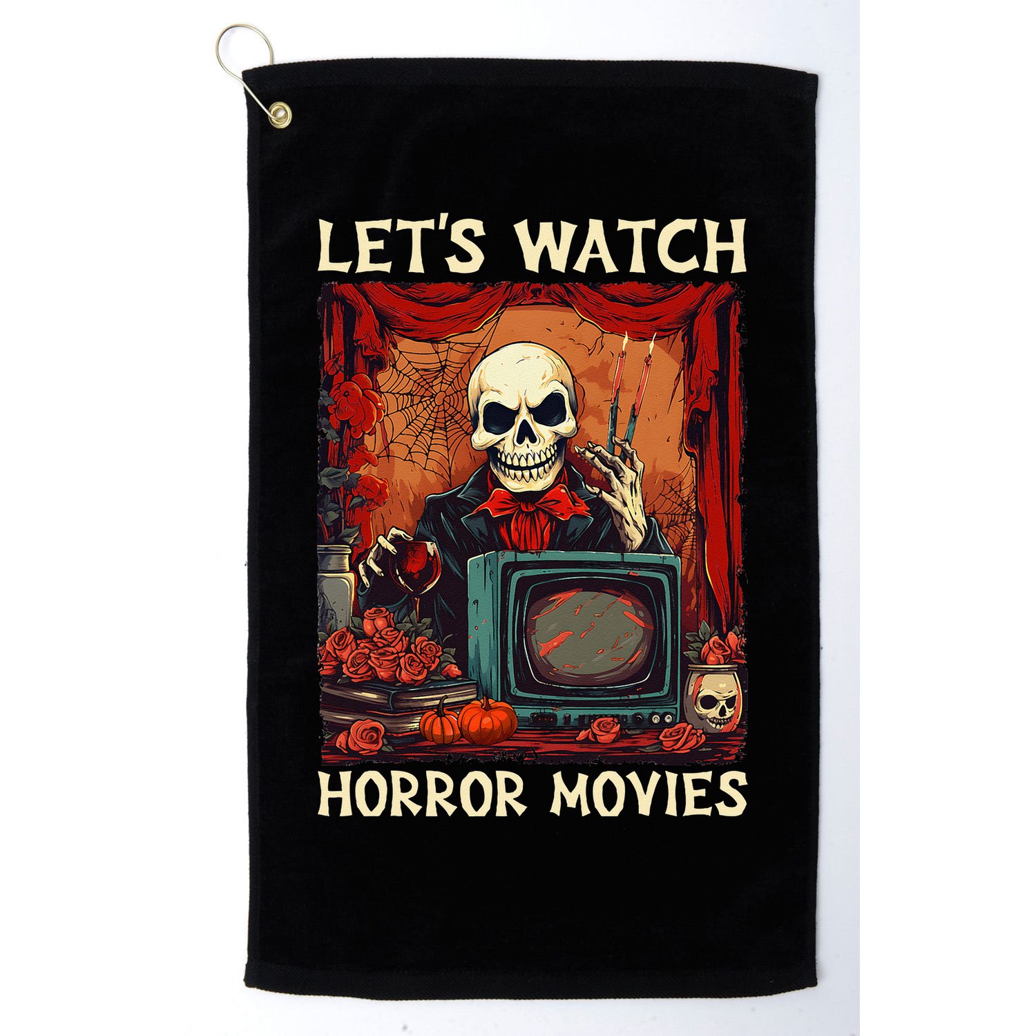 Lets Watch Horror Movies Gothic Halloween Skeleton Golf Towel