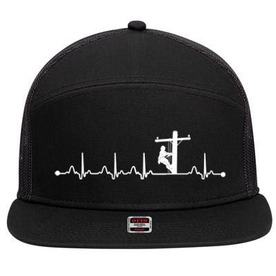 Line Worker Heartbeat Ekg Proud American Line Worker Great Gift 7 Panel Mesh Trucker Snapback Hat