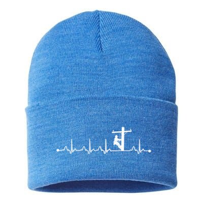 Line Worker Heartbeat Ekg Proud American Line Worker Great Gift Sustainable Knit Beanie