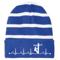 Line Worker Heartbeat Ekg Proud American Line Worker Great Gift Striped Beanie with Solid Band