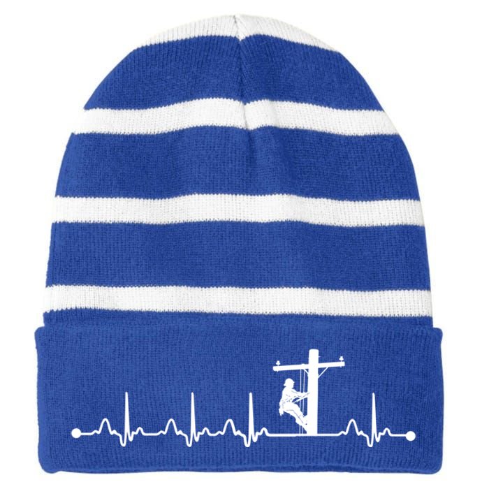 Line Worker Heartbeat Ekg Proud American Line Worker Great Gift Striped Beanie with Solid Band