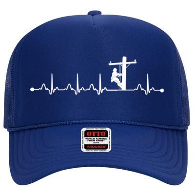 Line Worker Heartbeat Ekg Proud American Line Worker Great Gift High Crown Mesh Back Trucker Hat